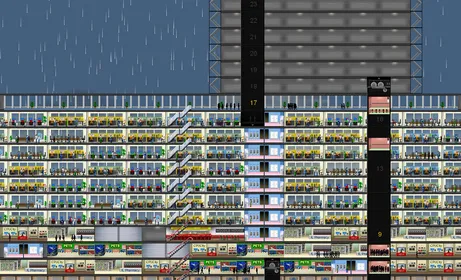 Offices and shops with a sky lobby.